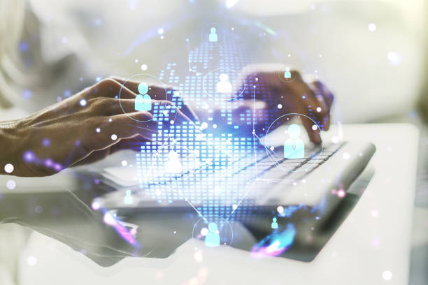 istock Social network media concept with world map and hands typing on computer keyboard on background. Double exposure 1443754962