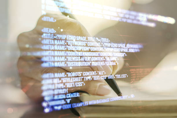 istock Multi exposure of abstract programming language hologram with man hand writing in notepad on background, artificial intelligence and machine learning concept 1443755007