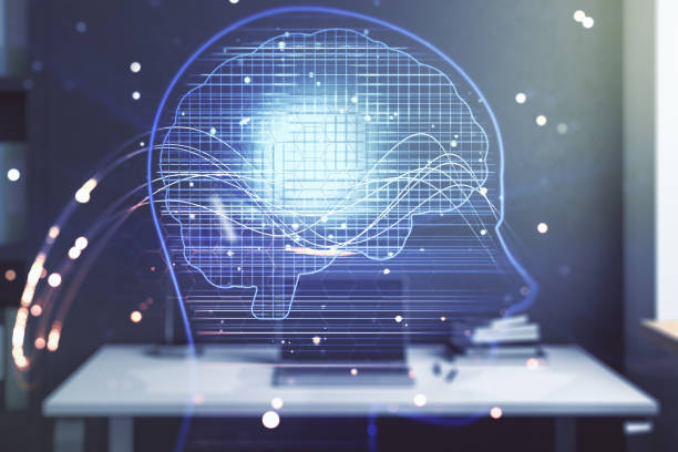 istock Double exposure of creative artificial Intelligence symbol and modern desktop with laptop on background. Neural networks and machine learning concept 1443755013