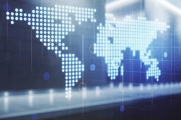 istock Multi exposure of abstract creative digital world map hologram on modern business center exterior background, research and analytics concept 1443755027