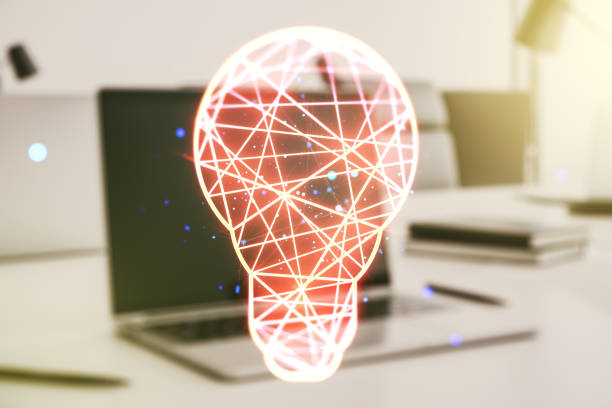 istock Double exposure of creative light bulb hologram on laptop background, research and development concept 1443755050