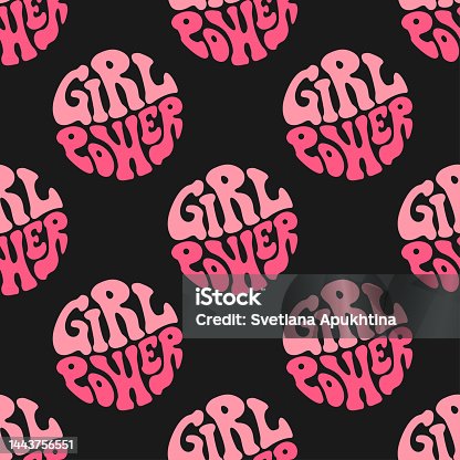 istock Seamless pattern with girl power groovy lettering in circle shape. 1443756551