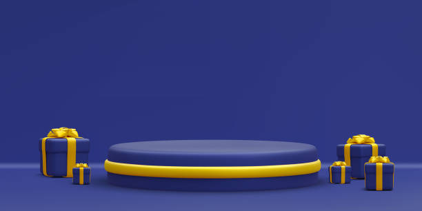 istock 3d realistic blue round podium with gold circle on light background. Scene and platform with gift boxes on light background. Design pedestal for christmas. Vector illustration 1443757985