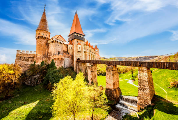 Corvin Castle with wooden bridge, Hunedoara, Hunyad Castle,  Transylvania, Romania, Europe. Corvin Castle with wooden bridge, Hunedoara, Hunyad Castle,  Transylvania, Romania, Europe. hunyad castle stock pictures, royalty-free photos & images