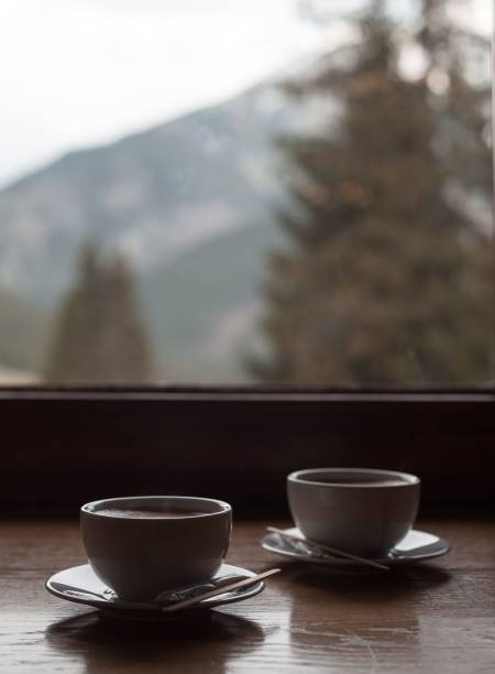 istock Vertical shot of two coffee cups on a windowsill 1443764503