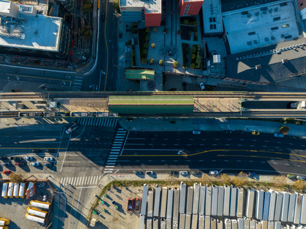 istock Aerial view of train pulling into station, Los Angeles 1443765224