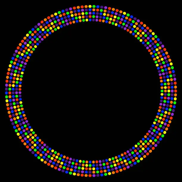 Vector illustration of Rainbow colors dot frame. Circle frames with Colorful point patterns isolated on black background. Spectrum concept. Border round template.