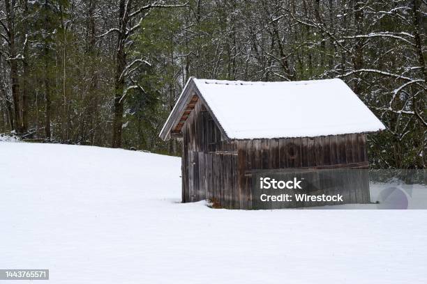 Winter Landscape With A Wooden Hut On The Path To Partnach Gorge Bavaria Germany Stock Photo - Download Image Now