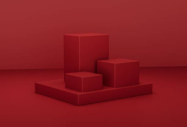 istock Cosmetics stand in red backdrop background, 3d design 1443769303