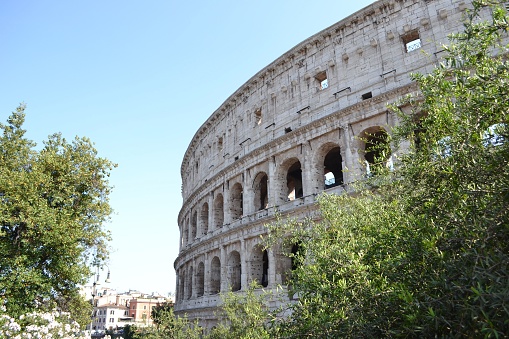 A closeup shot of the Colosseum in Rome, Italy on a sunny day