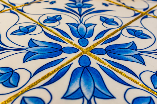 Ceramic table top, Beautiful surface of the table, made of vintage tiles