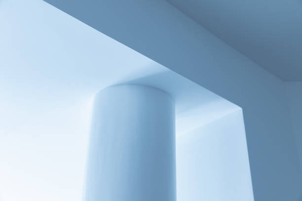 Blue minimal interior fragment with ceiling details and pillar, architectural background photo