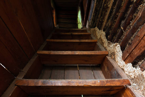 perspektivische ansicht einer alten holztreppe, die nach oben führt - vehicle interior staircase residential structure indoors stock-fotos und bilder