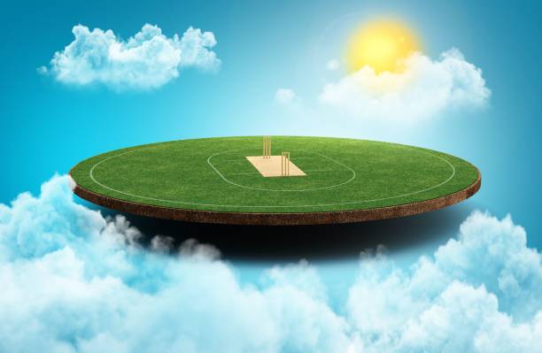 istock Cricket Ground in the Sky clouds moving sun light lens flare 3d illustration 1443770959