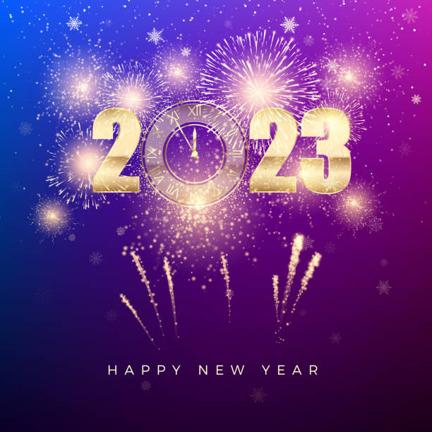 ilustraciones, imágenes clip art, dibujos animados e iconos de stock de feliz año nuevo 2023. estandarte de año nuevo con números dorados con reloj y fuegos artificiales - clock face flash