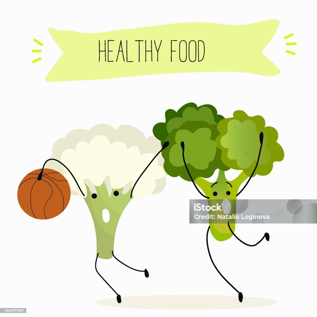 Vector Illustration Of Funny Cartoon Character Broccoli And Cauliflower  Play Basketball Volleyball Healthy Food Kitchen Ingredients Kids Tshirt  Design Stock Illustration - Download Image Now - iStock