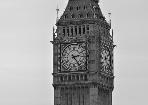 A closeup shot of the Big Ben landmark in London, England with gray sky