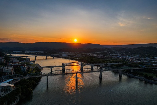 A stunning aerial view over Chattanooga with bridges at sunset, Tennessee river, USA