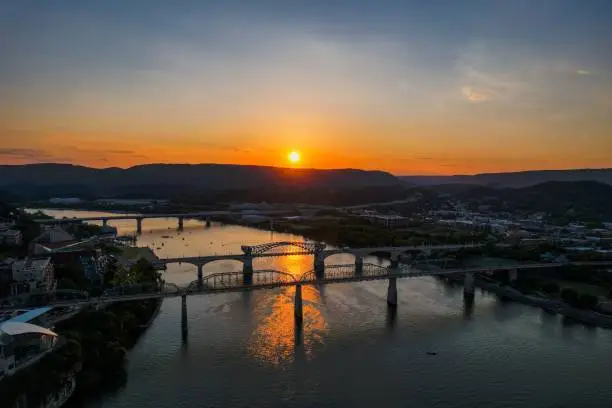 Photo of Stunning aerial view over Chattanooga with bridges at sunset, Tennessee river, USA