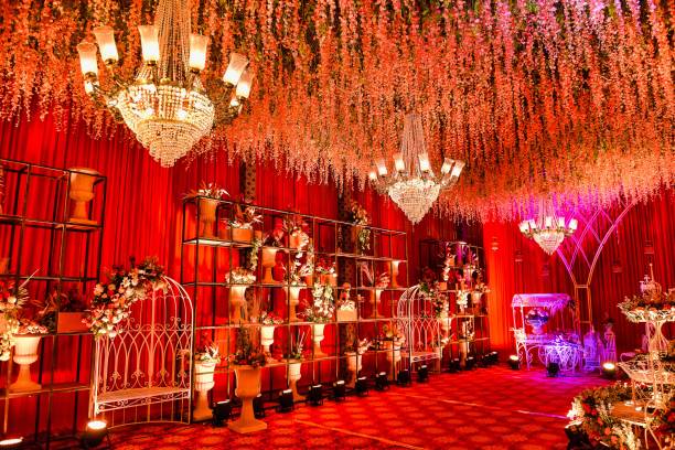 istock Beautiful Indian wedding setup with stage decorations and flowers 1443775279