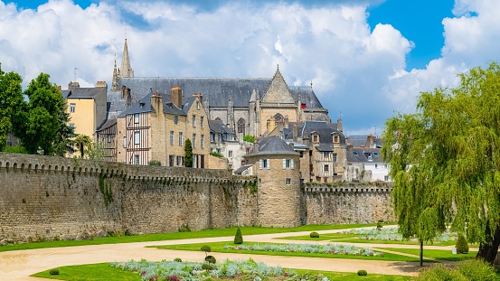 Vannes, France, medieval city in Brittany, view of the ramparts garden with flowerbed