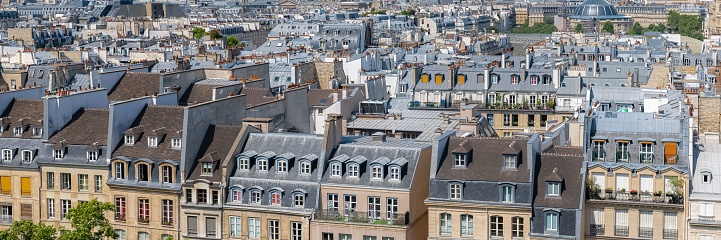 Panoramic aerial view of Paris cityscape and Notre dame tower