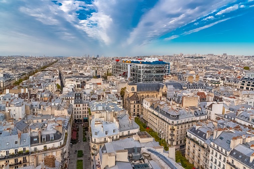 Paris, panorama of the city, with the Pompidou center, and the Saint-Merri church