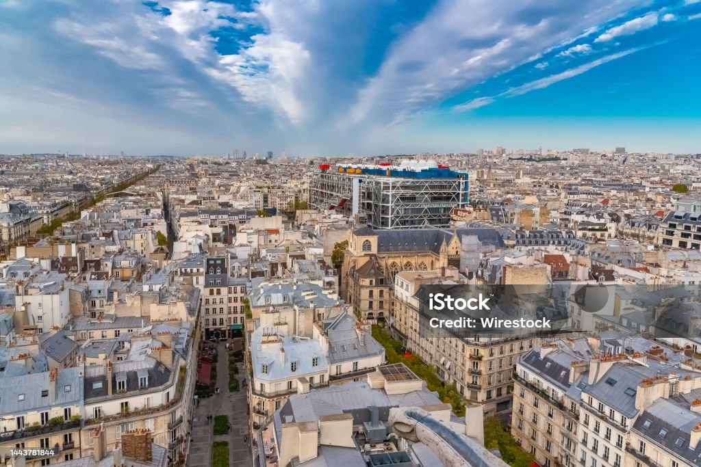 Paris, panorama of the city Paris, panorama of the city, with the Pompidou center, and the Saint-Merri church Aerial View Stock Photo