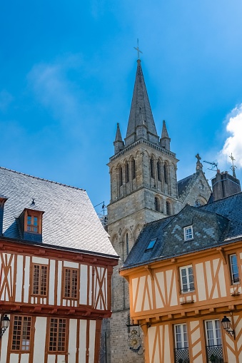 Vannes, beautiful city in Brittany, old half-timbered houses, with the cathedral