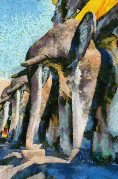 istock Ancient elephant statues, art and architecture, northern Thai styles Illustrations creates an impressionist style of painting. 1443784384