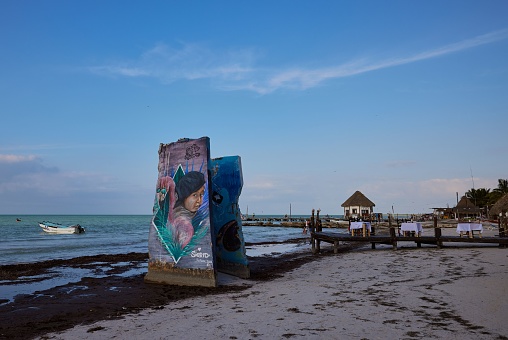 Holbox, Mexico – January 20, 2021: A Street art or beach art on the beach of Holbox, Quintana Roo, Mexico