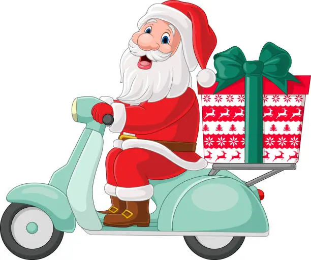 Vector illustration of Cartoon santa claus delivering gifts on a scooter