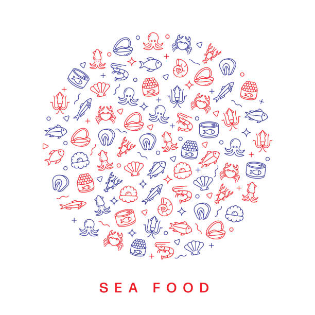 SEA FOOD RELATED PATTERN DESIGN. MODERN LINE STYLE DESIGN SEA FOOD RELATED PATTERN DESIGN. MODERN LINE STYLE DESIGN prawn animal stock illustrations