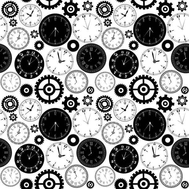 Vector illustration of The dial of a vintage clock with arrows on an isolated white background. Seamless pattern.