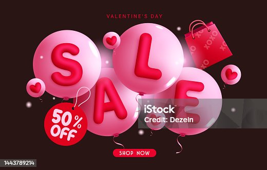 istock Valentine's day sale vector banner design. Happy valentine's day text with balloons elements 1443789214