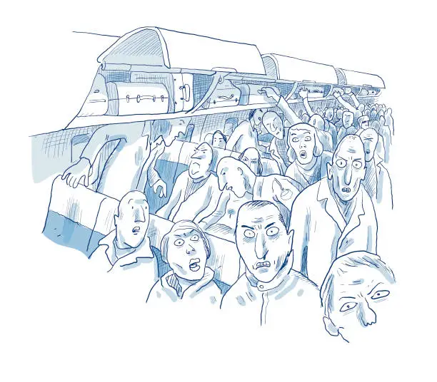Vector illustration of angry passengers waiting to get off passenger plane