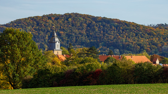 Herleshausen, Hesse, Germany - October 17, 2022: The church tower of Herleshausen in Hesse