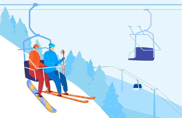 겨울 레크리에이션 스키, 산악 리프트, 눈 주위, 야외 스포츠, 계절 추위, 디자인, 만화 스타일의 벡터 일러스트. - mountain skiing ski lift silhouette stock illustrations