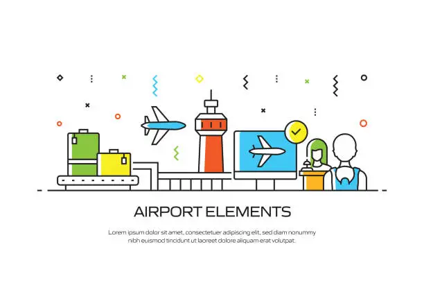 Vector illustration of AIRPORT ELEMENTS Related Line Style Banner Design for Web Page, Headline, Brochure, Annual Report and Book Cover