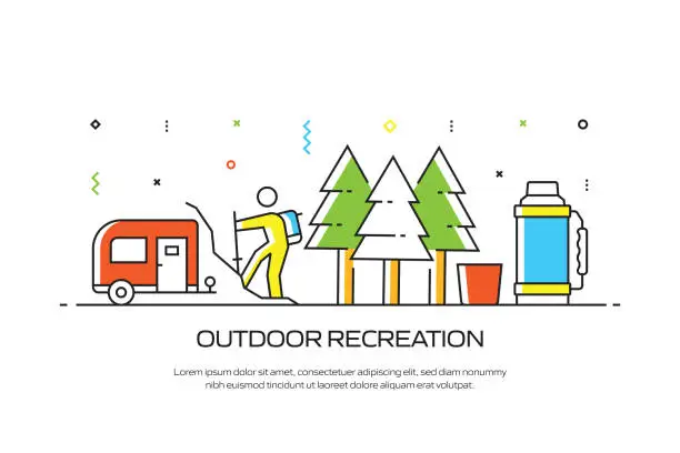 Vector illustration of CAMPING AND OUTDOOR RECREATION Related Line Style Banner Design for Web Page, Headline, Brochure, Annual Report and Book Cover