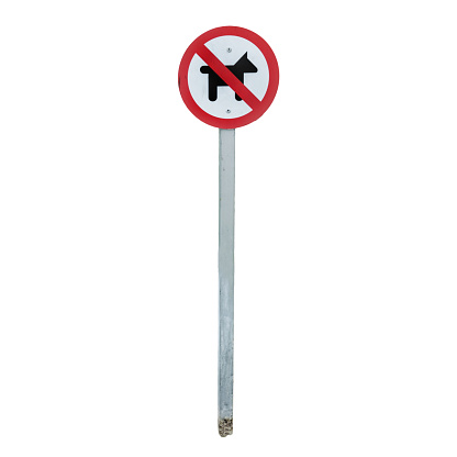 the prohibition of access to dogs in a city park sign on a transparent surface