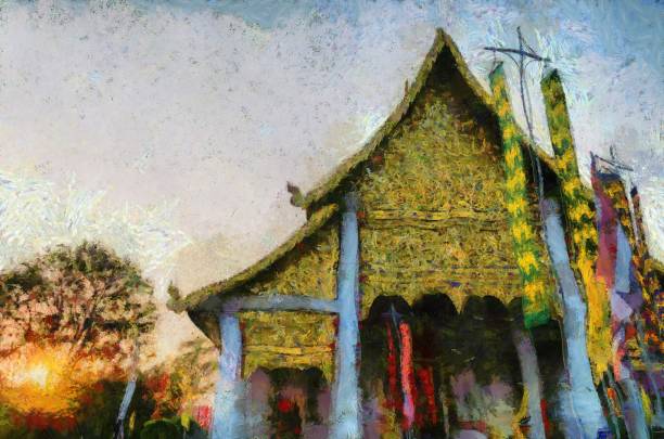 istock Ancient temples, art and architecture in the northern Thai style Illustrations creates an impressionist style of painting. 1443793992