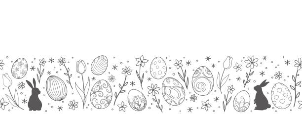Easter Vector Background Illustration With Easter Bunnies, Eggs, Flowers, And A Text Space On A White Background. Easter Vector Background Illustration With Easter Bunnies, Eggs, Flowers, And A Text Space On A White Background. Horizontally Repeatable. silhouette of a black and white rabbit stock illustrations
