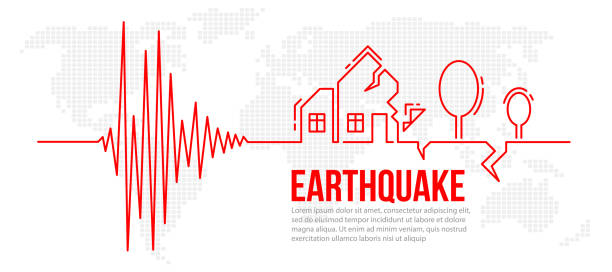 illustrations, cliparts, dessins animés et icônes de concept de tremblement de terre avec ligne rouge ondes sismographiques de fréquence fissurées aux maisons et fissure d’arbre sur la carte conception vectorielle d’arrière-plan de texture du monde - tree house audio