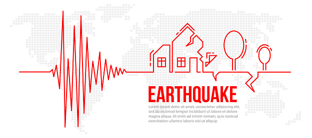 Earthquake concept with Red line Frequency seismograph waves cracked to houses and tree crack on map world texture background vector design