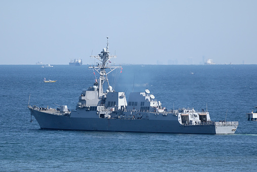 Kanagawa Prefecture, Japan - October 21, 2007: United States Navy USS Mustin (DDG-89), Arleigh Burke-class destroyer.