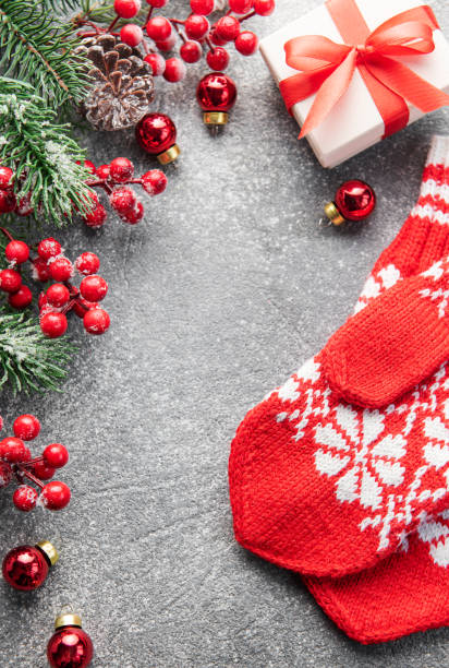 istock Christmas background with fir tree and decor. Top view with copy space 1443800702