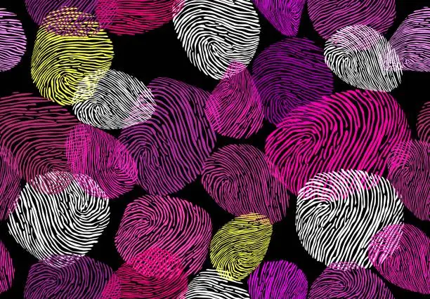 Vector illustration of abstract seamless fingerprint background.finger marks on a black background.shades of pink and lilac.modern vector illustration.