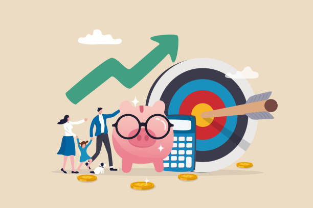 ilustrações de stock, clip art, desenhos animados e ícones de family financial planning, saving or investment plan, money and wealth management, budget, debt and mortgage, pension fund concept, family people with piggy bank, calculator and financial target. - financial advisor illustrations