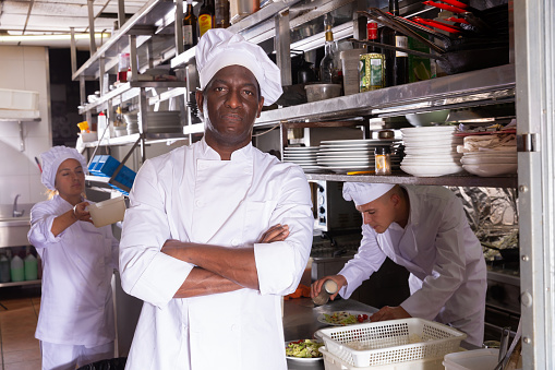 portrait of smiling male chef standing in modern kitchen